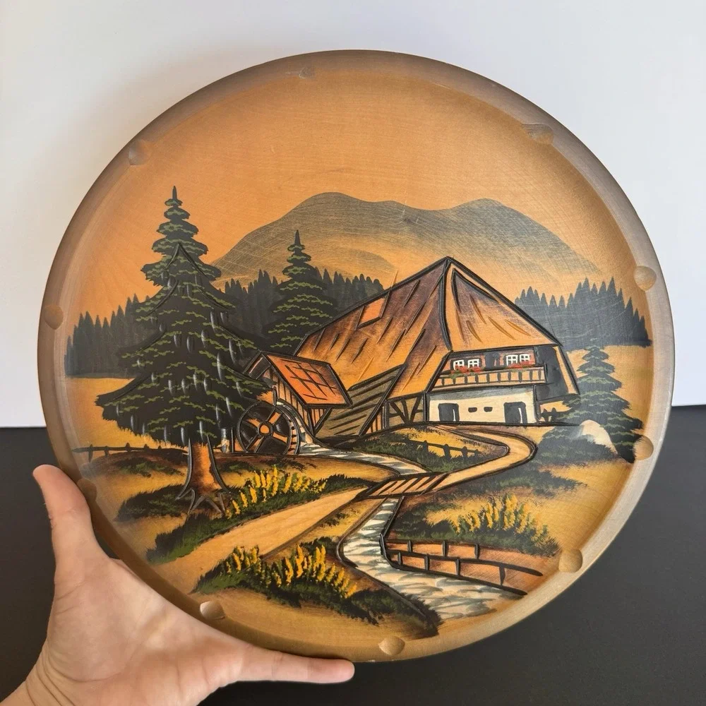 Vintage Black Forest Hand Painted Wooden Plate Germany Handmade #30